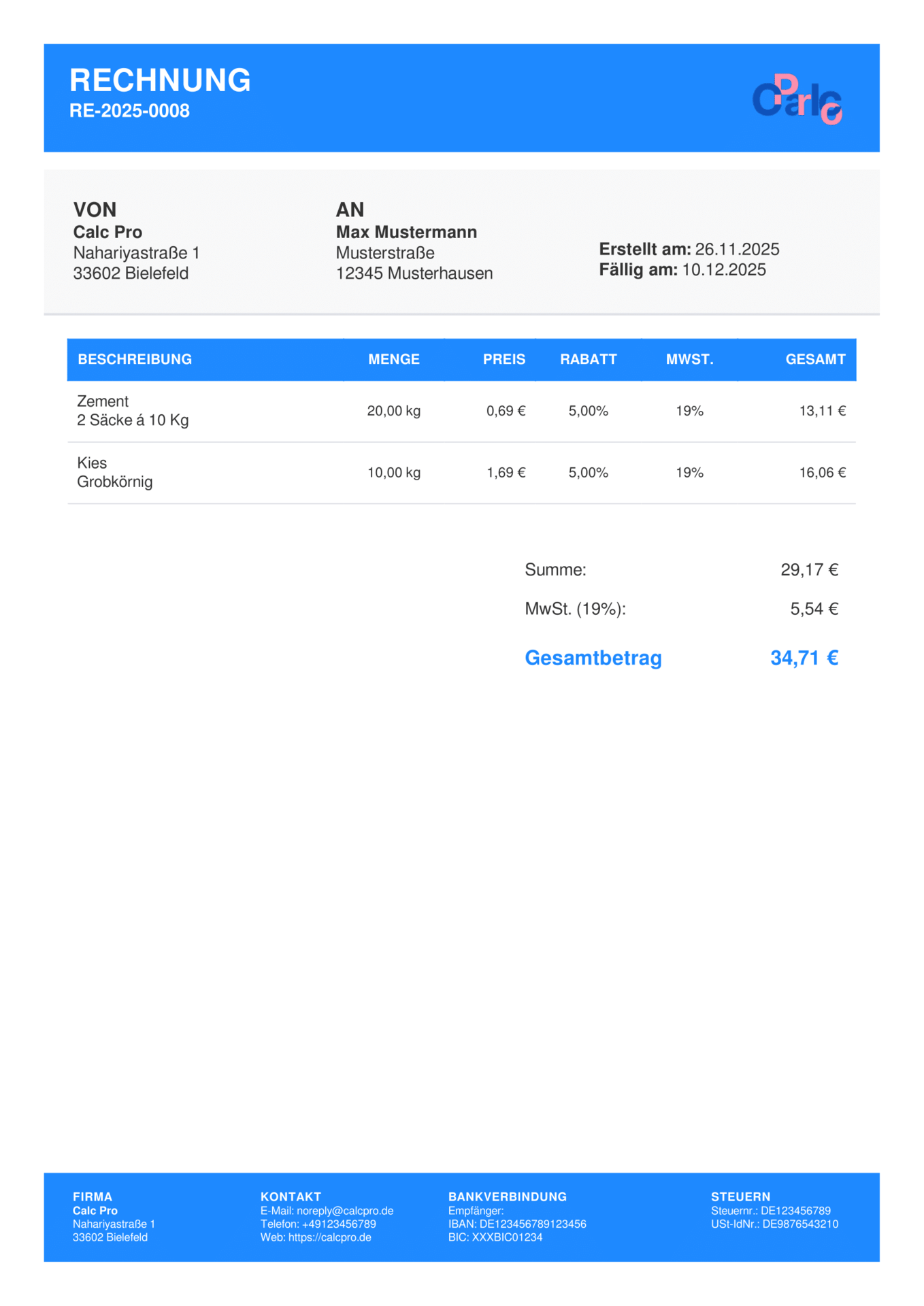 Rechnung schreiben mit CalcPro - Professionelle Rechnungsvorlagen
